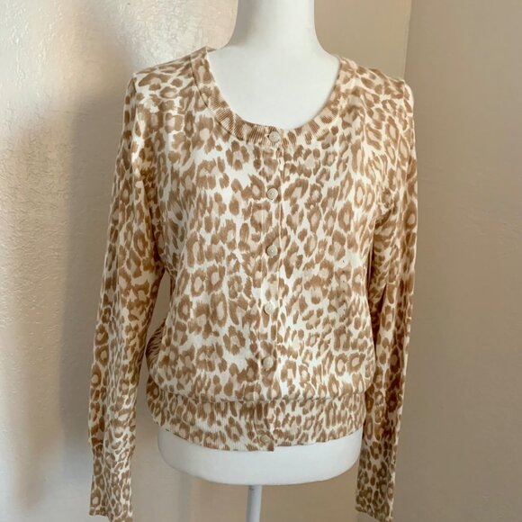 GAP Cream and Beige Cheetah Animal Print Buttoned Cardigan L NWT - Picture 1 of 7